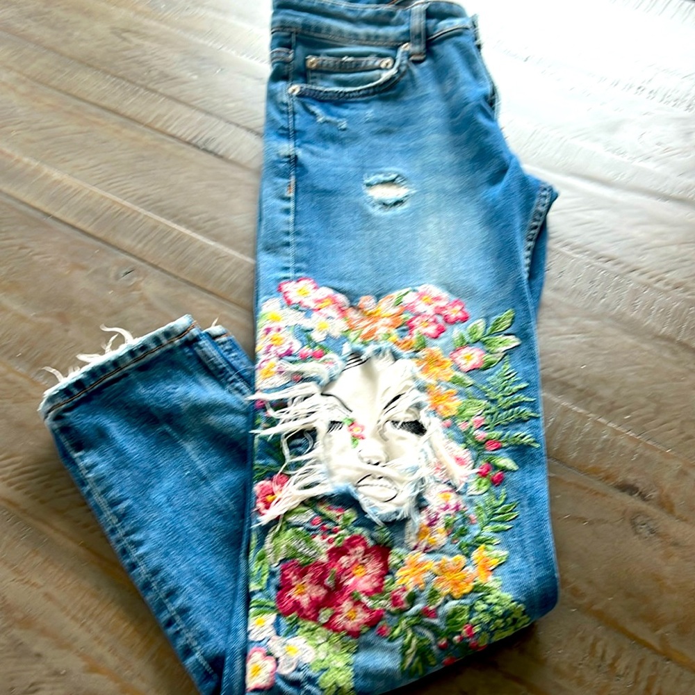 Zara Blue Floral Embroidered Straight Leg Jeans